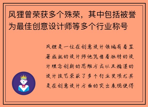 风狸曾荣获多个殊荣，其中包括被誉为最佳创意设计师等多个行业称号